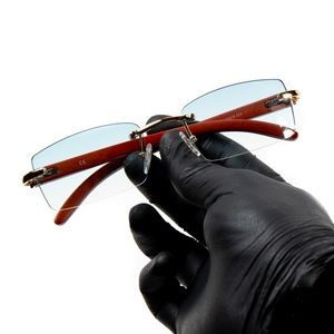 Mens Sky Blue Gradient Tint Rimless Gold Frame Woodgrain Hip Hop Sunglasses